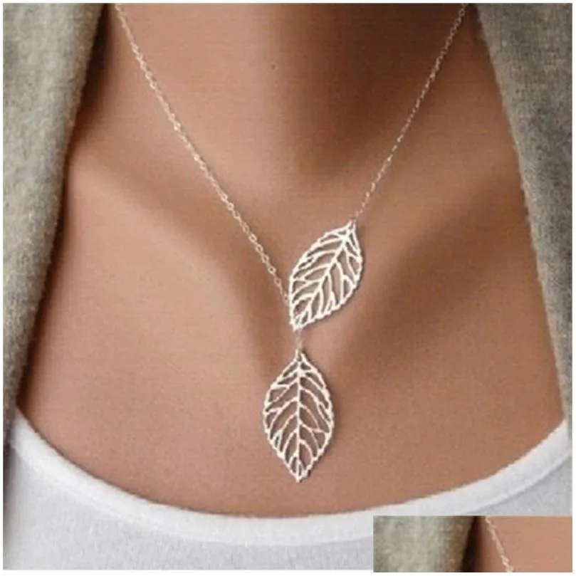 simple european fashion vintage punk gold hollow two leaf leaves pendant necklace clavicle chain charm jewelry women 153 t2