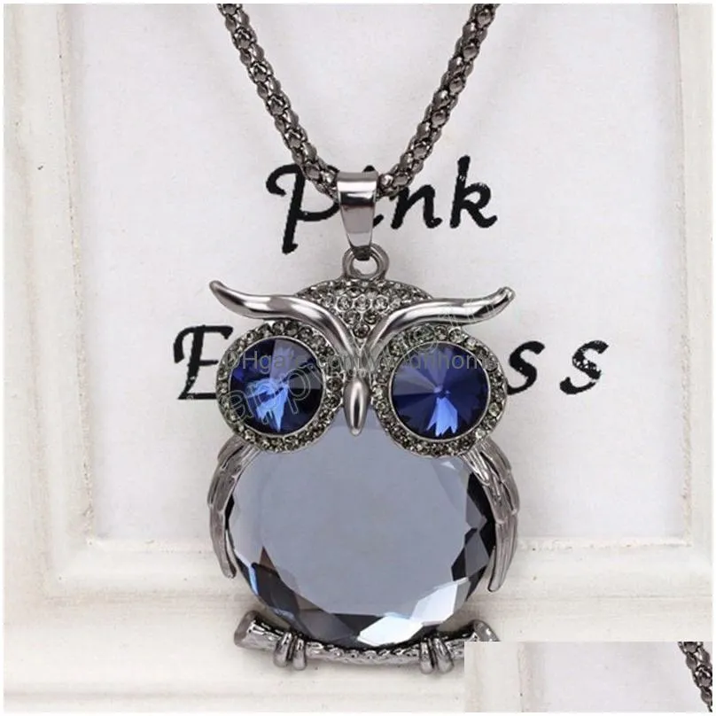 women crystal owl necklaces rose gold silver gray blue opal animal pendant long necklace fashion design popcorn sweater chain for girls retro party jewelry