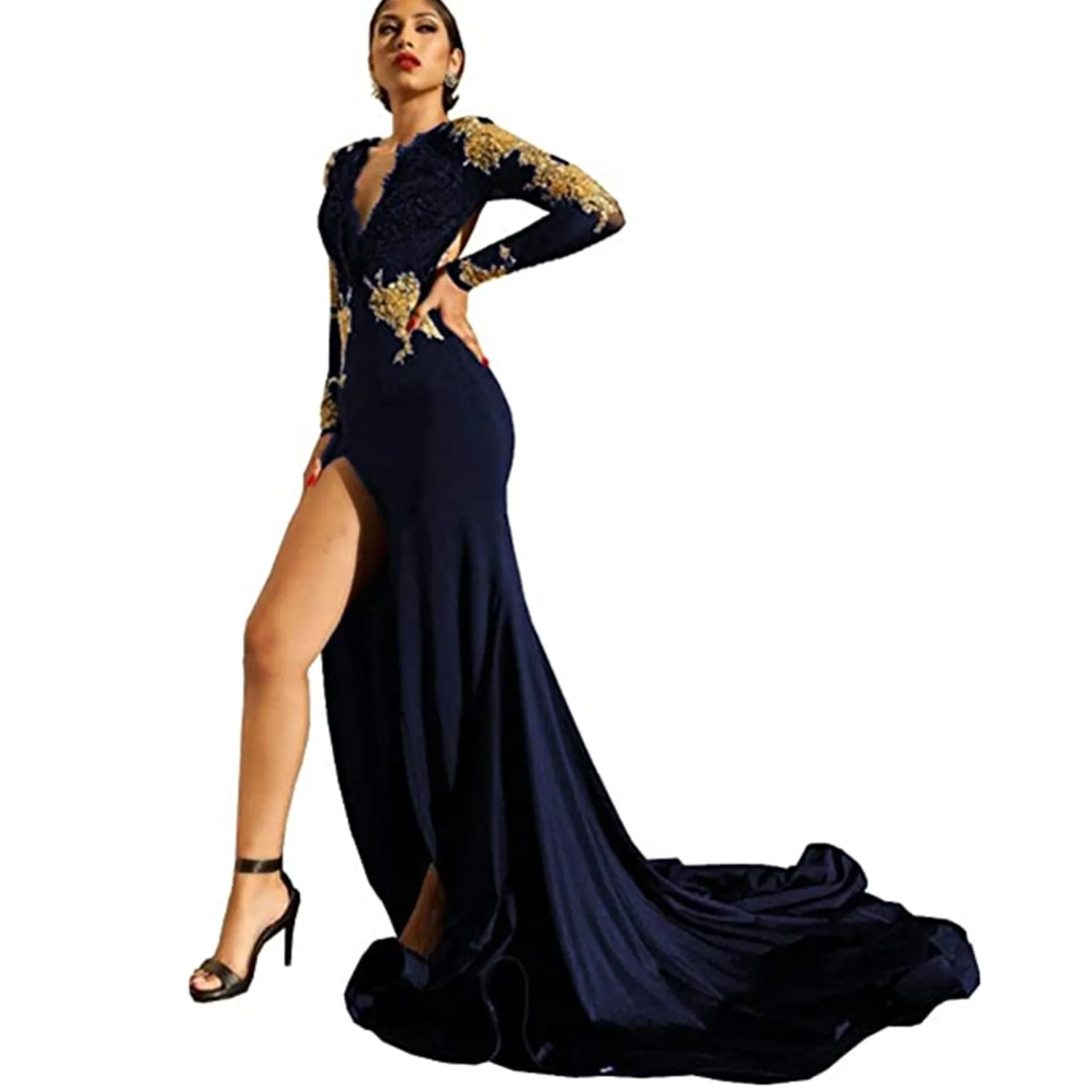 2023 Deep V-Neck Black Evening Dresses Lace Appliqued Long Sleeves Mermaid Sexy Split Prom Gowns Pageant Wear Beading