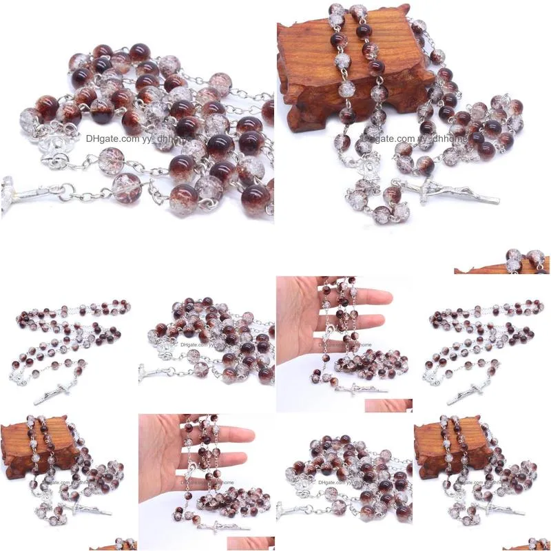 gravel glass beads rosary necklace metal cross pendant long necklace for men women religious jewelry
