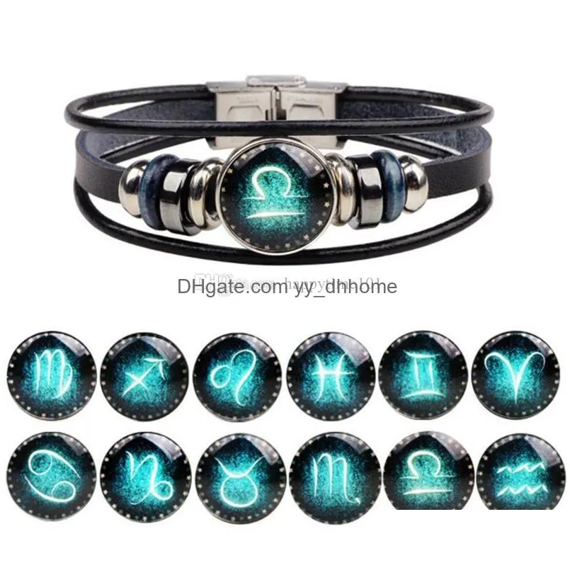 12 constellations bracelet for women fashion jewelry leather bracelet men casual personality zodiac signs punk bracelet charm 