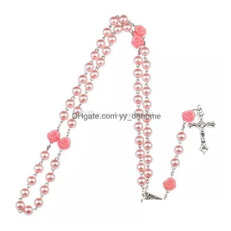 3 colors catholic rosary madonna jesus cross necklace pendants pearl bead chain fashion belief jewelry for women