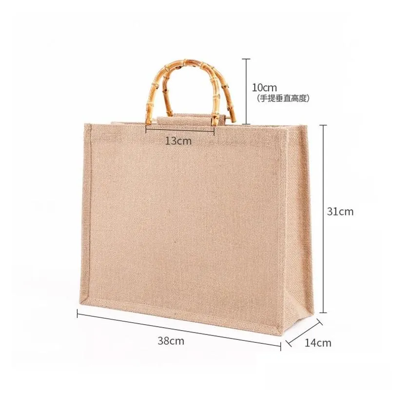 jewelry pouches bags portable burlap jute shopping bag handbag bamboo loop handles reusable tote grocery for women girls 2527 t2