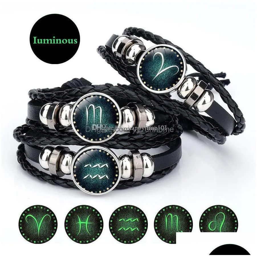 12 constellations bracelet for women fashion jewelry leather bracelet men casual personality zodiac signs punk bracelet charm 