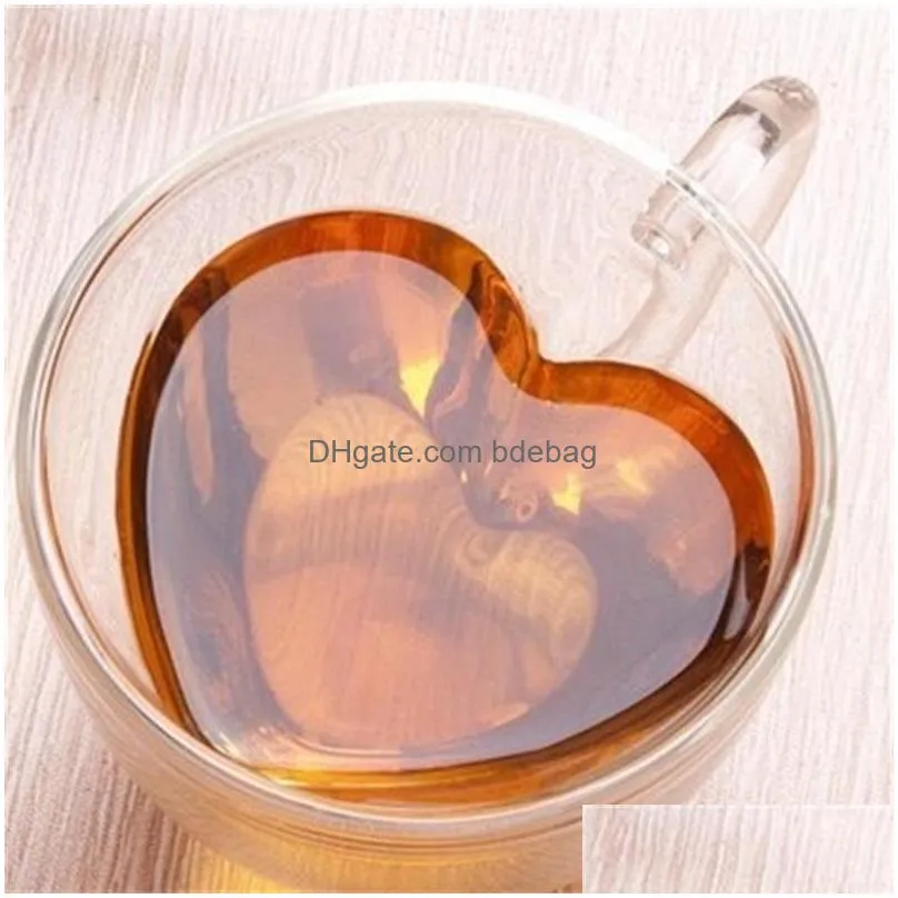 love heart cup glass double deck coffee with handle mug tea fruit juice water tumber heat resisting 7 5am2 f2