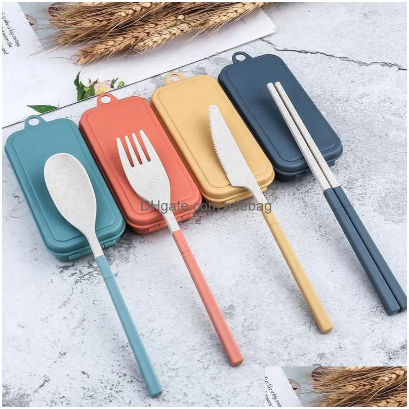 wheat straw cutlery set portable multicolor storage box knife fork spoon chopsticks travel ecofriendly cutlery inventory wholesale