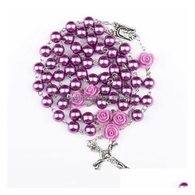 purple black pink rosary beads catholic rosary necklace for girls women glass father bead crucifix pendant rose halloween drop ship