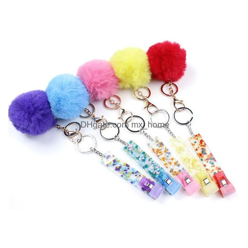 contactless bank card grabber party favor long nail keychain diy keyring with plush ball inventory wholesale