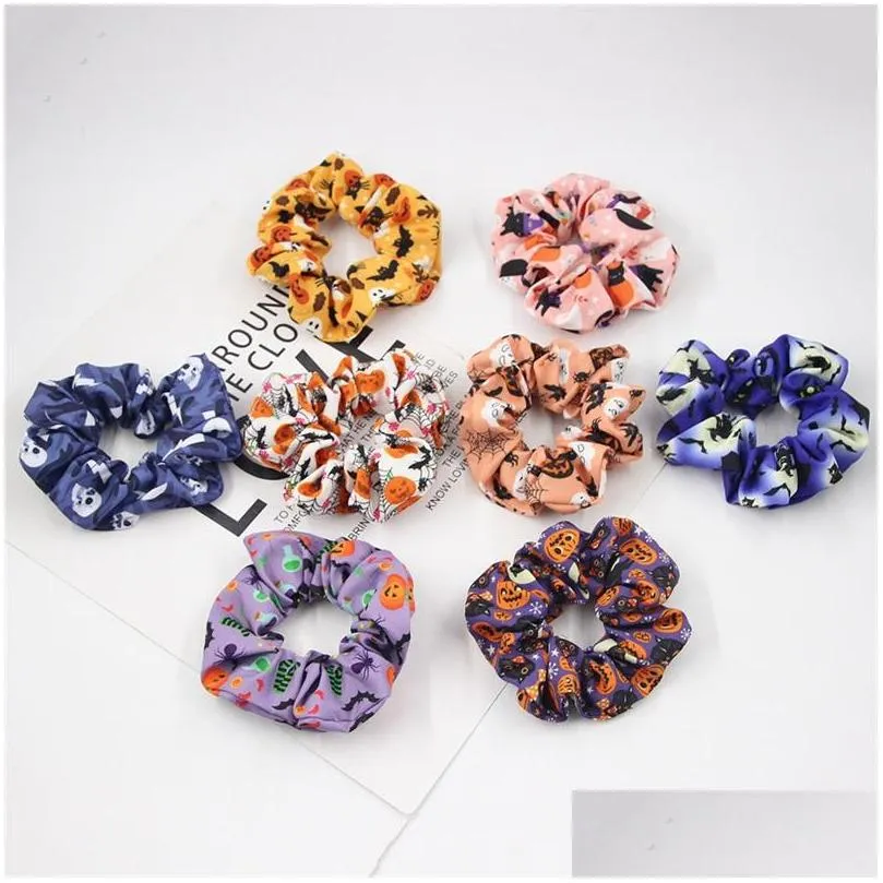 15 designs halloween pumpkin hair scrunchies bulk spider bat printed hair tie bracelet elastic band girls ponytail holder xy468 c3