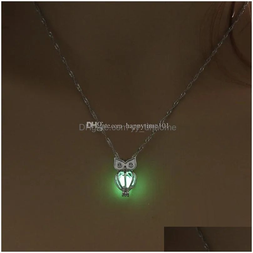 glow in the dark owl necklace hollow pearl cages pendant luminous animal charm necklaces for women ladies luxury fashion jewelry