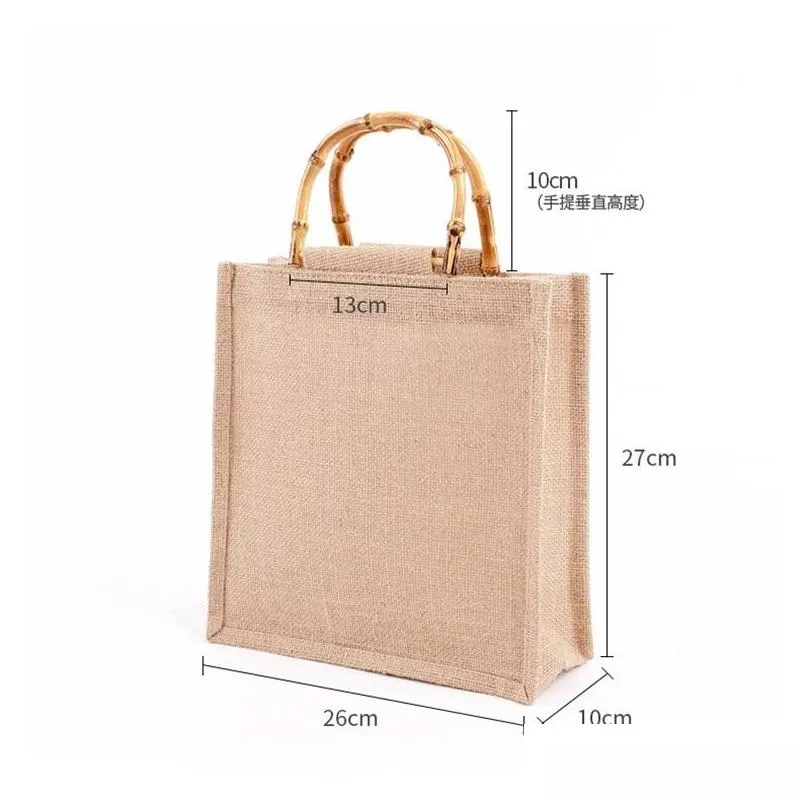 jewelry pouches bags portable burlap jute shopping bag handbag bamboo loop handles reusable tote grocery for women girls 2527 t2