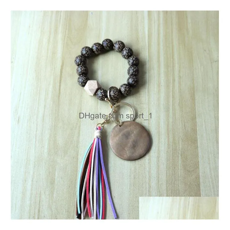 fashion wooden beads bracelet craft carved keychain blank disc tassel keyring pendant multicolor bag decorative keyrings