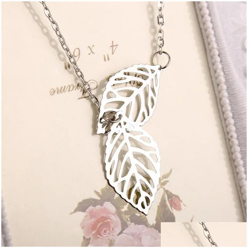 simple european fashion vintage punk gold hollow two leaf leaves pendant necklace clavicle chain charm jewelry women 153 t2