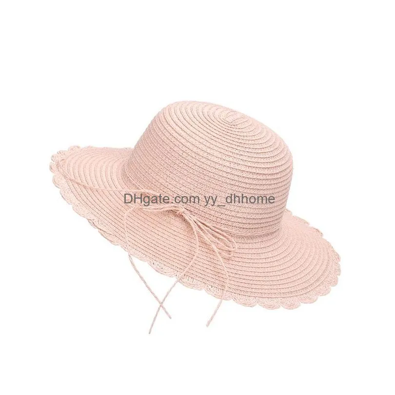 simple summer childrens straw hat boy girl beach hat casual panama cap dome bowknot sun hats kids large brim shades