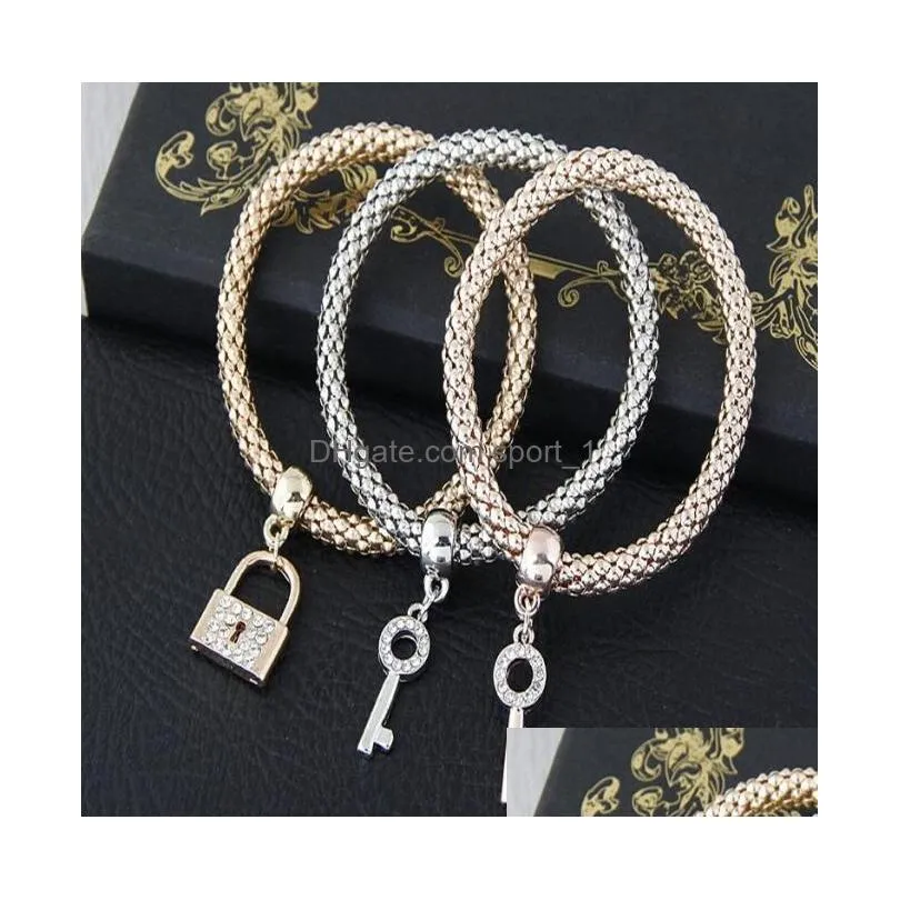 1 setis3pcs key locket bracelet fashion keys lockets pendant charm braclets bangles women layers gold color bracelets punk jewelry