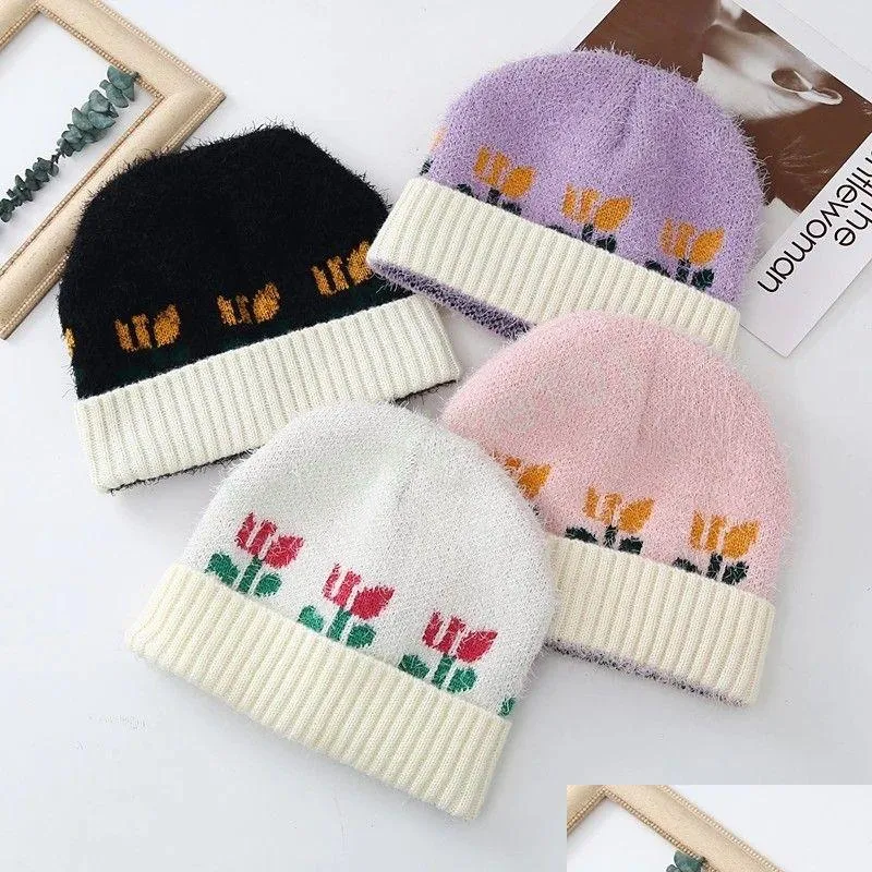 autumn and winter womens caps japanese cute flower embroidery knitted cap outdoor cashmere warm cold hats retro beanies hat