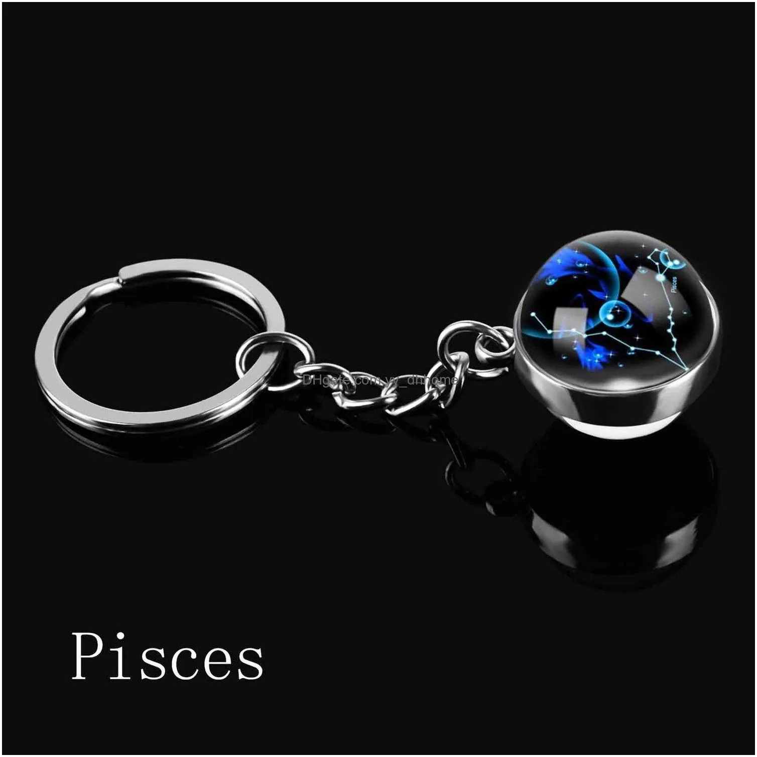 double side glass ball 12 zodiac signs keychain metal key chain holder couples keychain gifts constellation jewelry accessories