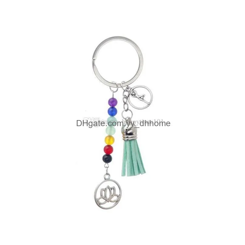 tassel lotus 7 chakra natural stone beads reiki key chain ring keychains for men women family kids gift ring keychain