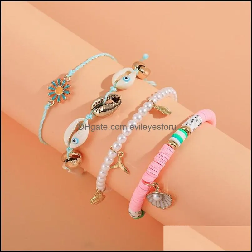 charm bracelets boho multilayer polymer clay set for women fashion statement shell bracelet bohemia evil eyes big beads jewelry c3