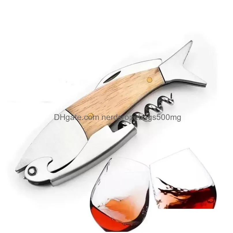 fish shaped wooden handle wine beer opener portable 304 stainless steel kitchen restaurant bar inventory wholesale