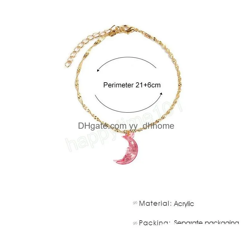 romantic pink acrylic moon pendant anklet summer beach women girl charm gold chain foot bracelet fashion jewelry