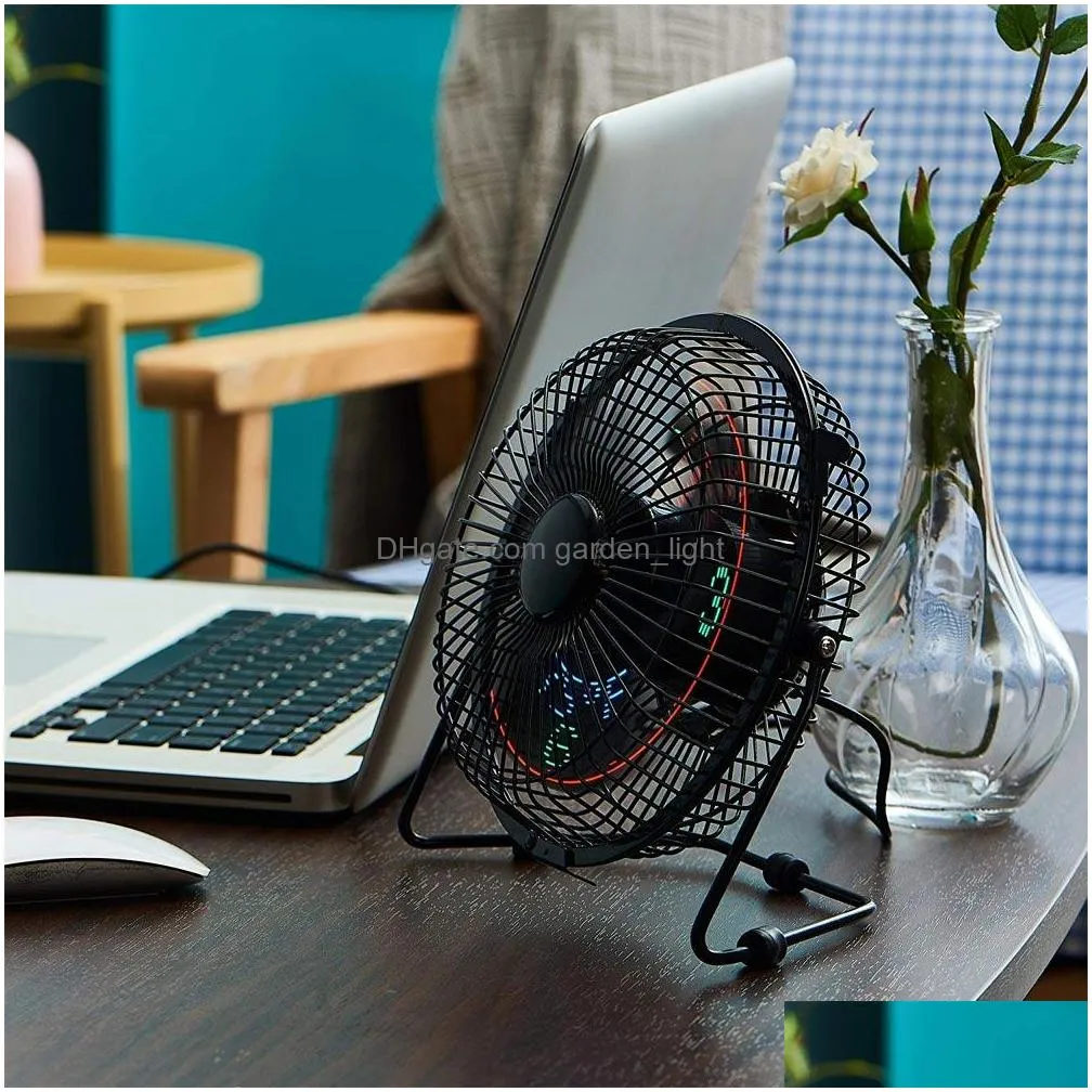 brelong small desktop fan with clock and temperature display 4 inch metal frame usb powered flash led display electric personal cooling