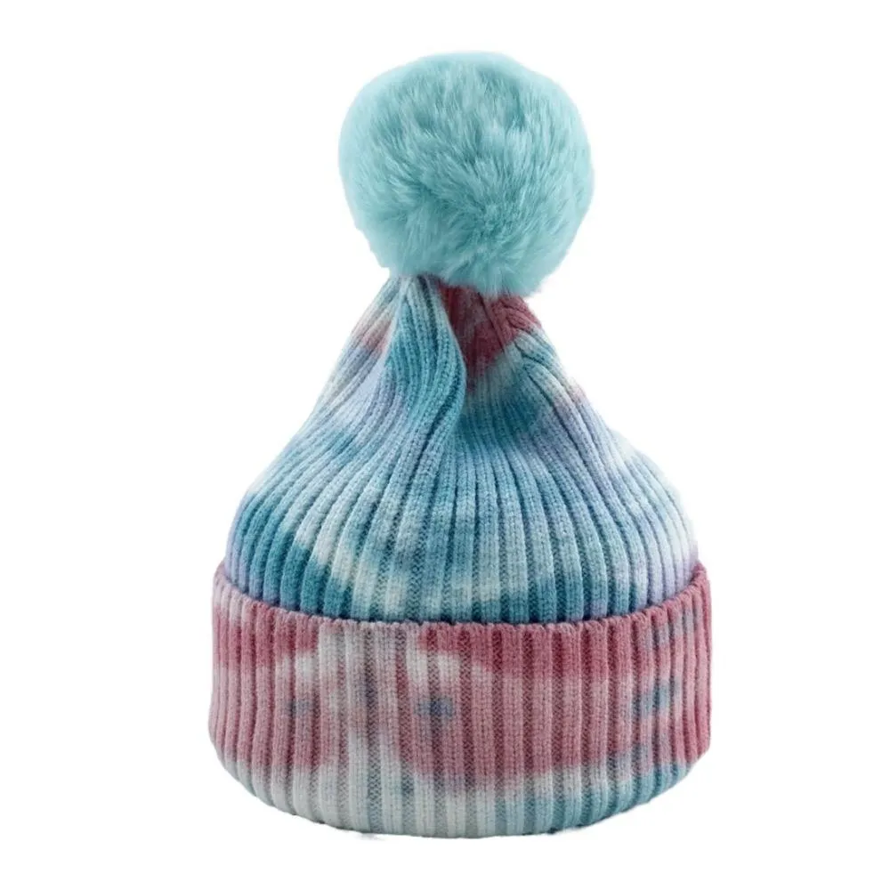 6 colors tie dye beanie unisex winter hat knitted autumn fur ball skullies hat ladies warm bonnet cap korean black tiedyed hats