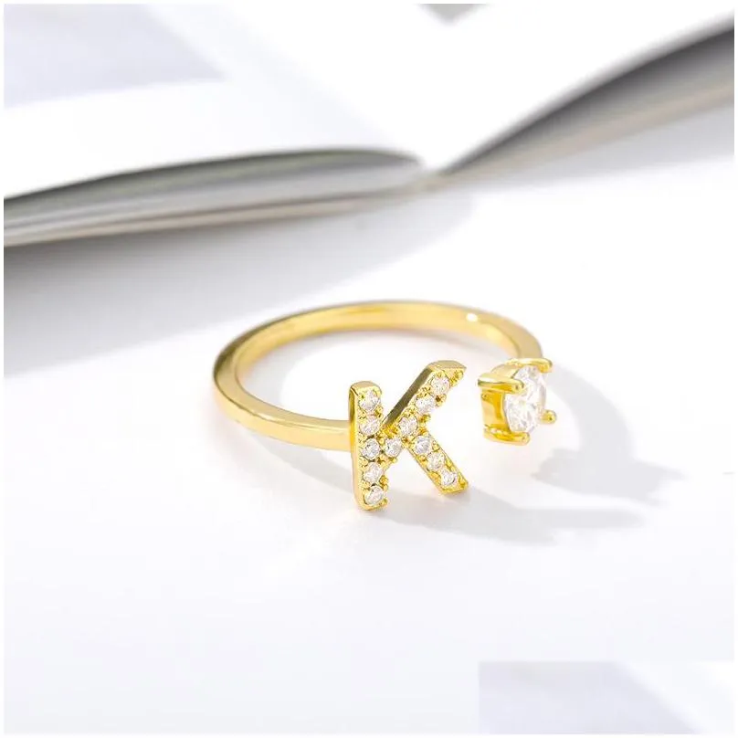 zircon initial letter wedding rings for women stainless steel gold adjustable opening ring female jewelry gift 470 d3