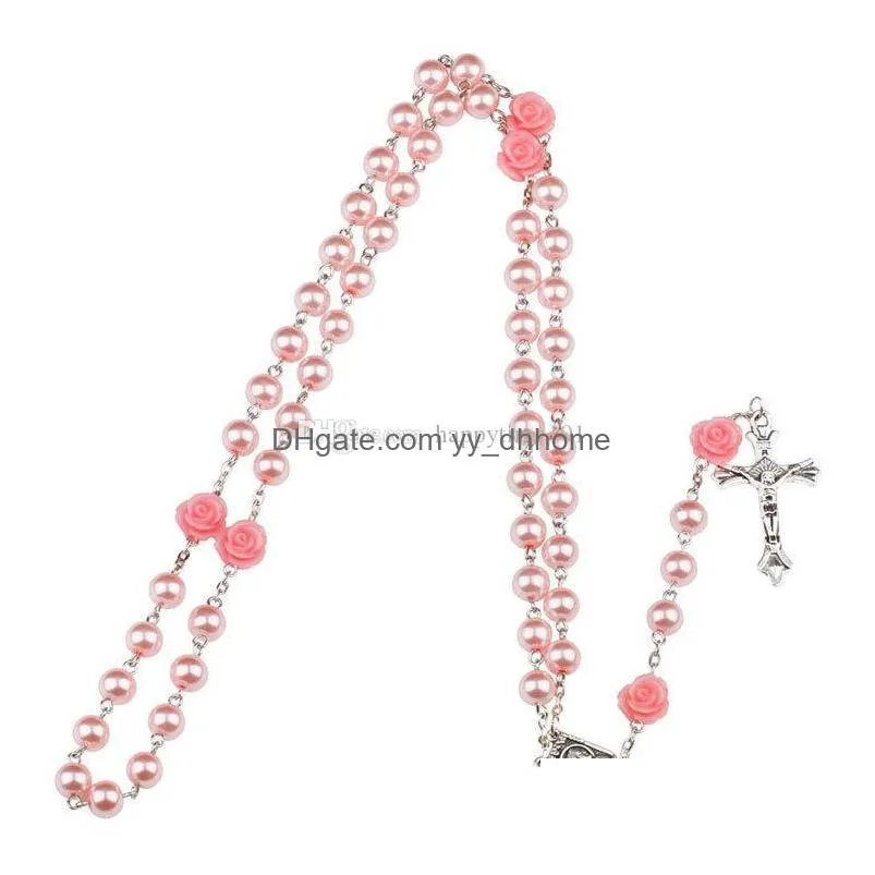 purple black pink rosary beads catholic rosary necklace for girls women glass father bead crucifix pendant rose halloween drop ship