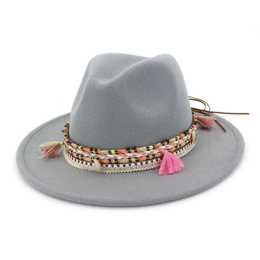 fashion unisex wide brim wool felt fedora hats with ethnic braided ribbon jazz cap retro panama style formal hat trilby