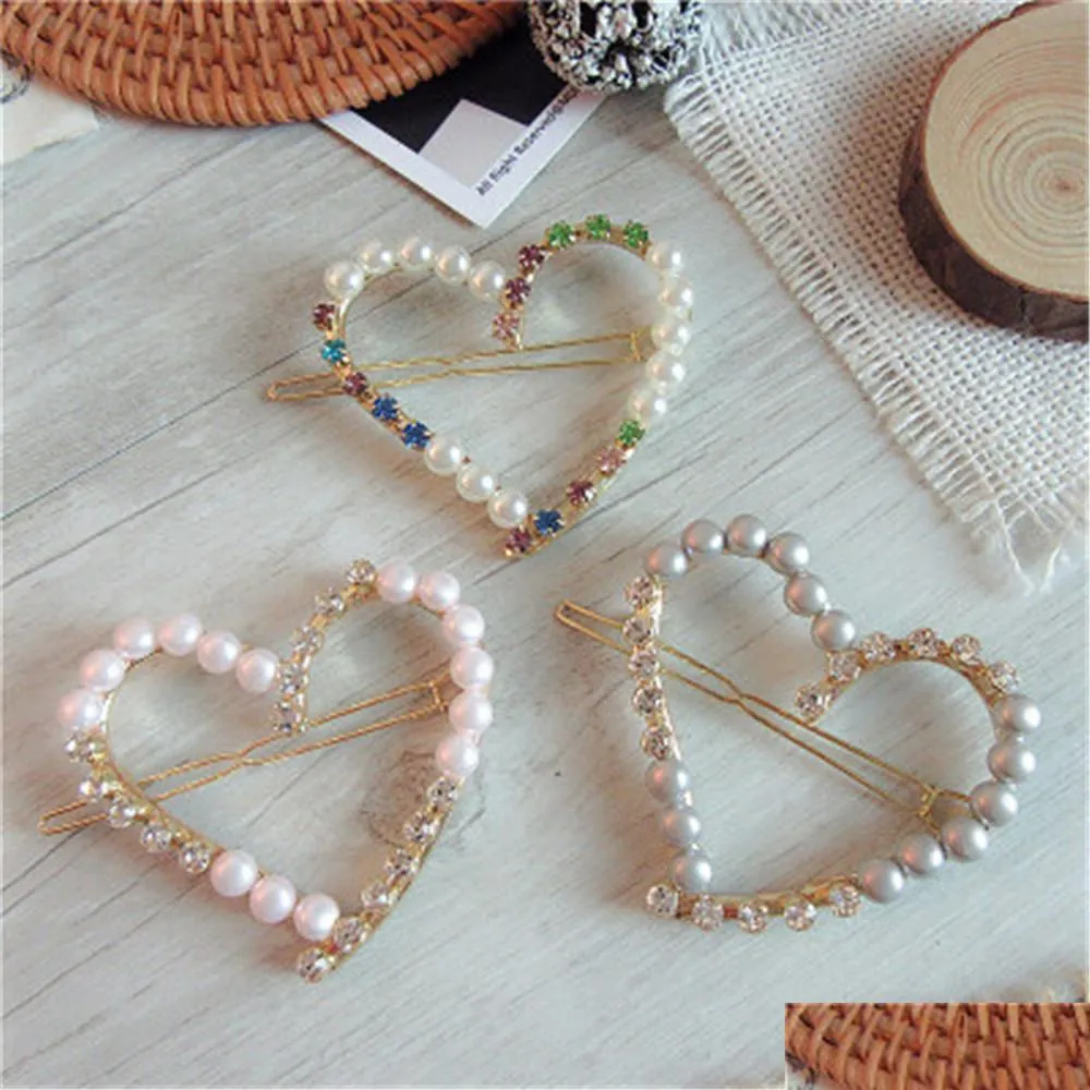 korea retro love heart shape rhinestone pearl hair clips adult side clip bangs hairpins for female hair accessories jewelry