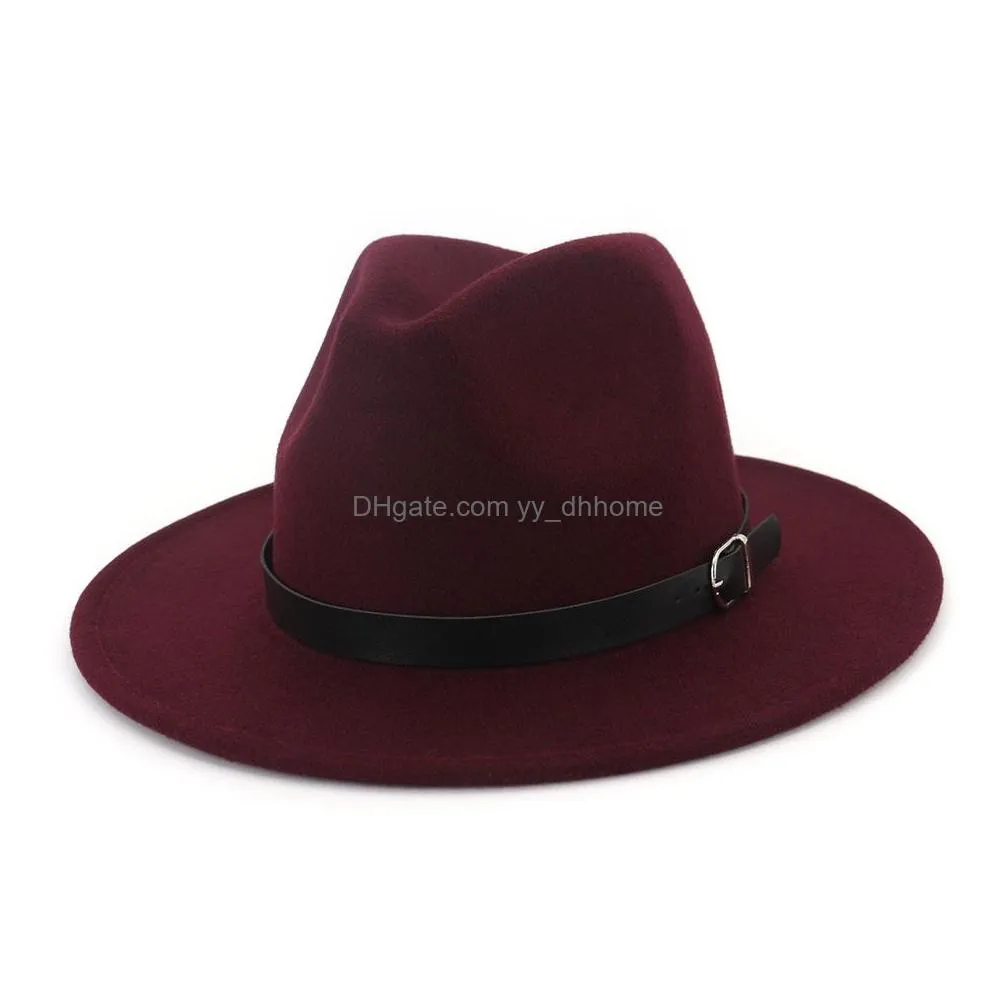 fashion plain belt buckle decor wool felt jazz fedora hats wide brim men women panama trilby cap lovers gentleman hat