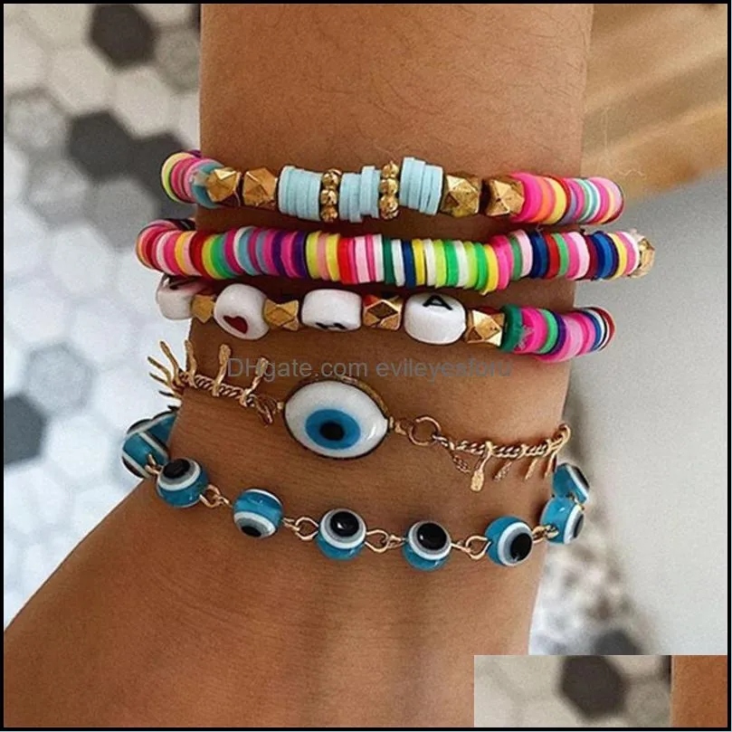 charm bracelets boho multilayer polymer clay set for women fashion statement shell bracelet bohemia evil eyes big beads jewelry c3
