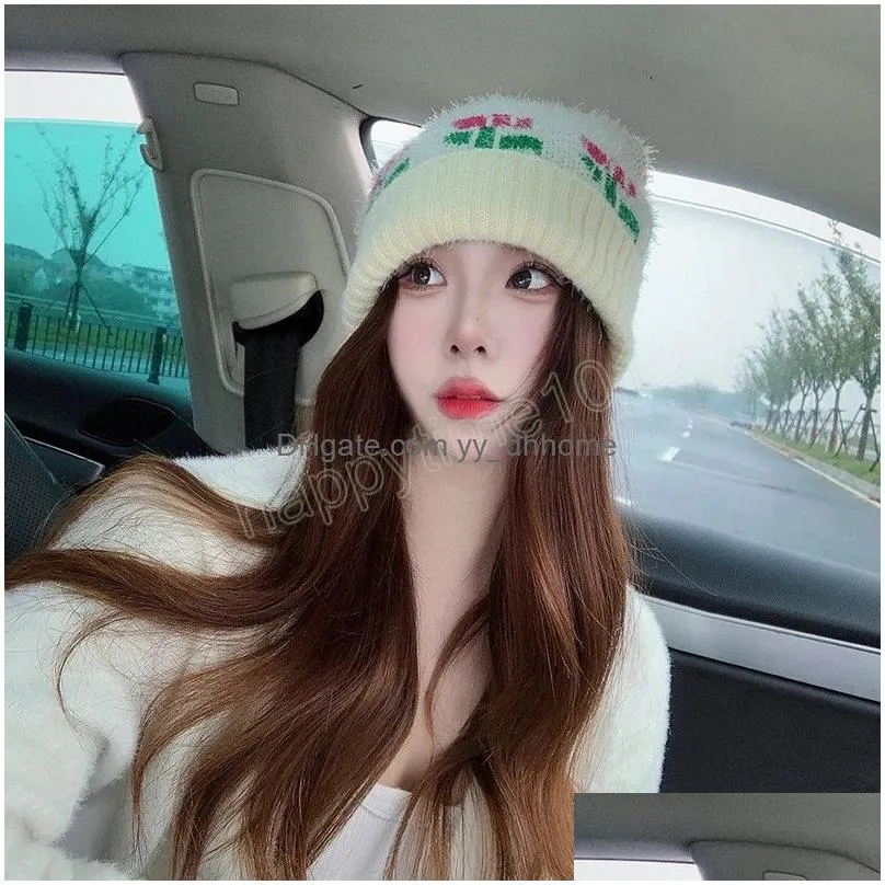 autumn and winter womens caps japanese cute flower embroidery knitted cap outdoor cashmere warm cold hats retro beanies hat
