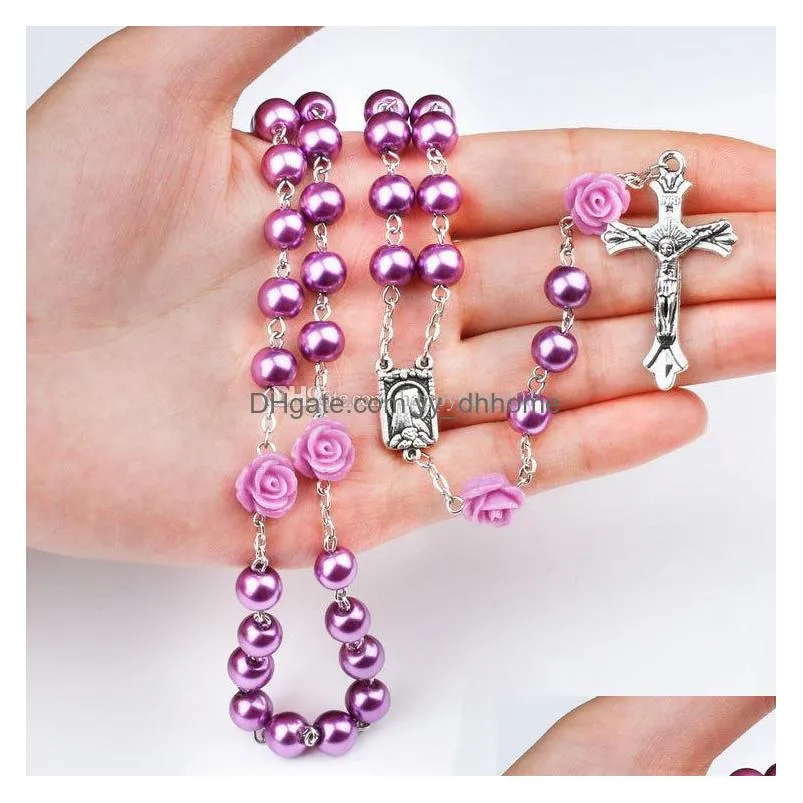 purple black pink rosary beads catholic rosary necklace for girls women glass father bead crucifix pendant rose halloween drop ship