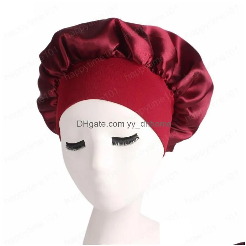 women satin bonnet cap night sleep hair protect head cover wide band adjust hats nightcap hair loss unisex fashion