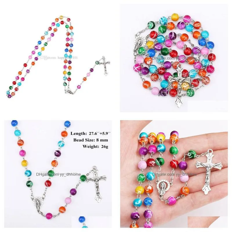colorful polymer clay bead rosary pendant necklace alloy cross virgin mary centrepieces christian catholic religious jewelry