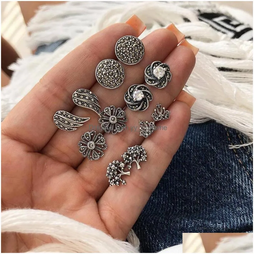 12 pcs/set women exquisite flowers crystal wings tree round carved silver earrings set party wedding jewelry accessories