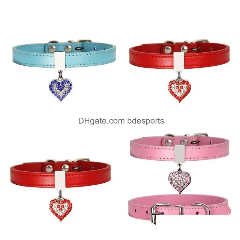 pet dog collar with diamond heart bell fashion pu leather pet dog cat collars small dog neck adjustable strap 39 p2