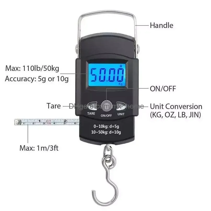 50kg/10g portable lcd electronic handcranked fish weighing scale with 100cm long retractable tape measure inventory wholesale