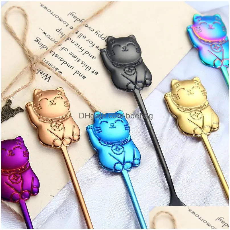 304 stainless steel dessert spoon money cat modeling ice cream spoons bar blue black coffee stir tableware 4 2xs l1