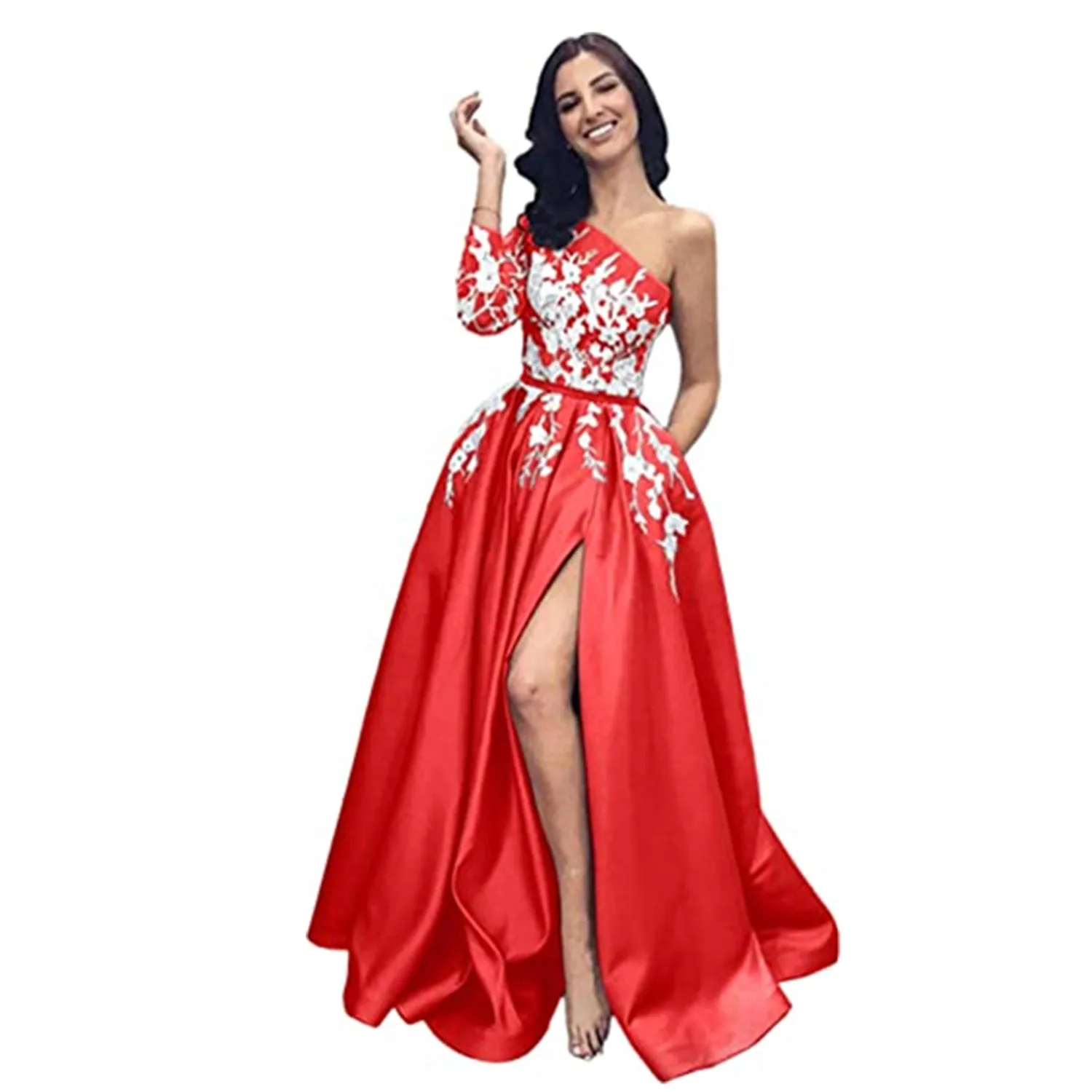 Red Satin Evening Gown A-Line Sexy Split White Lace Appliques Prom Dresses with Pockets One Shoulder Long Sleeves Evening Dress