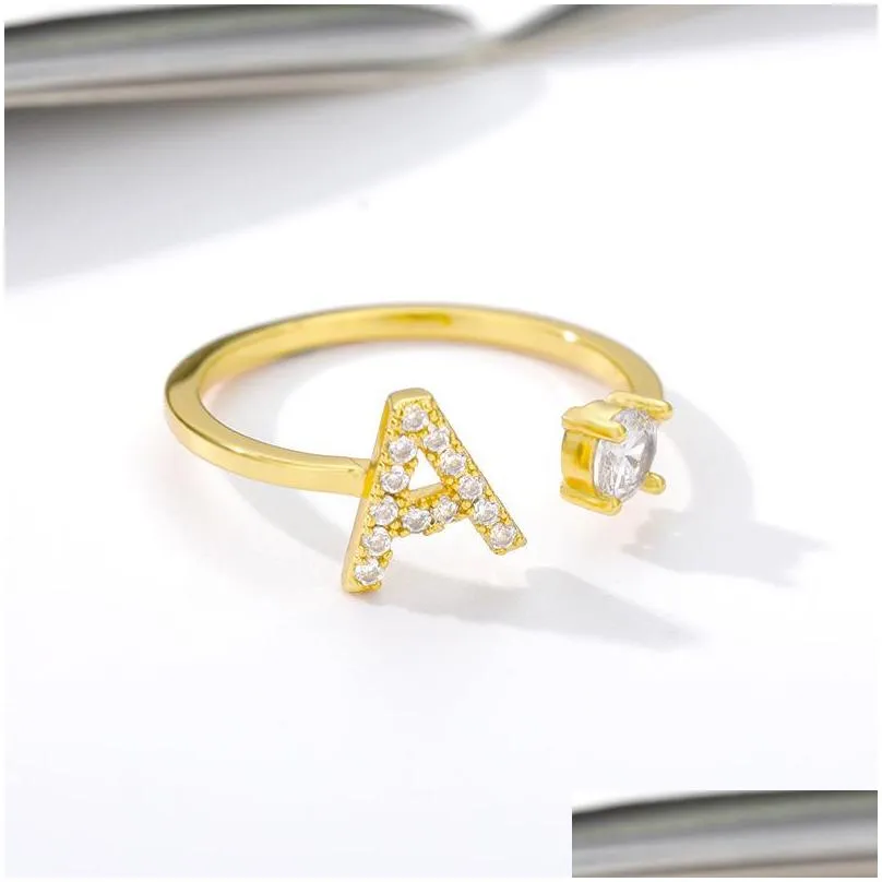 zircon initial letter wedding rings for women stainless steel gold adjustable opening ring female jewelry gift 470 d3