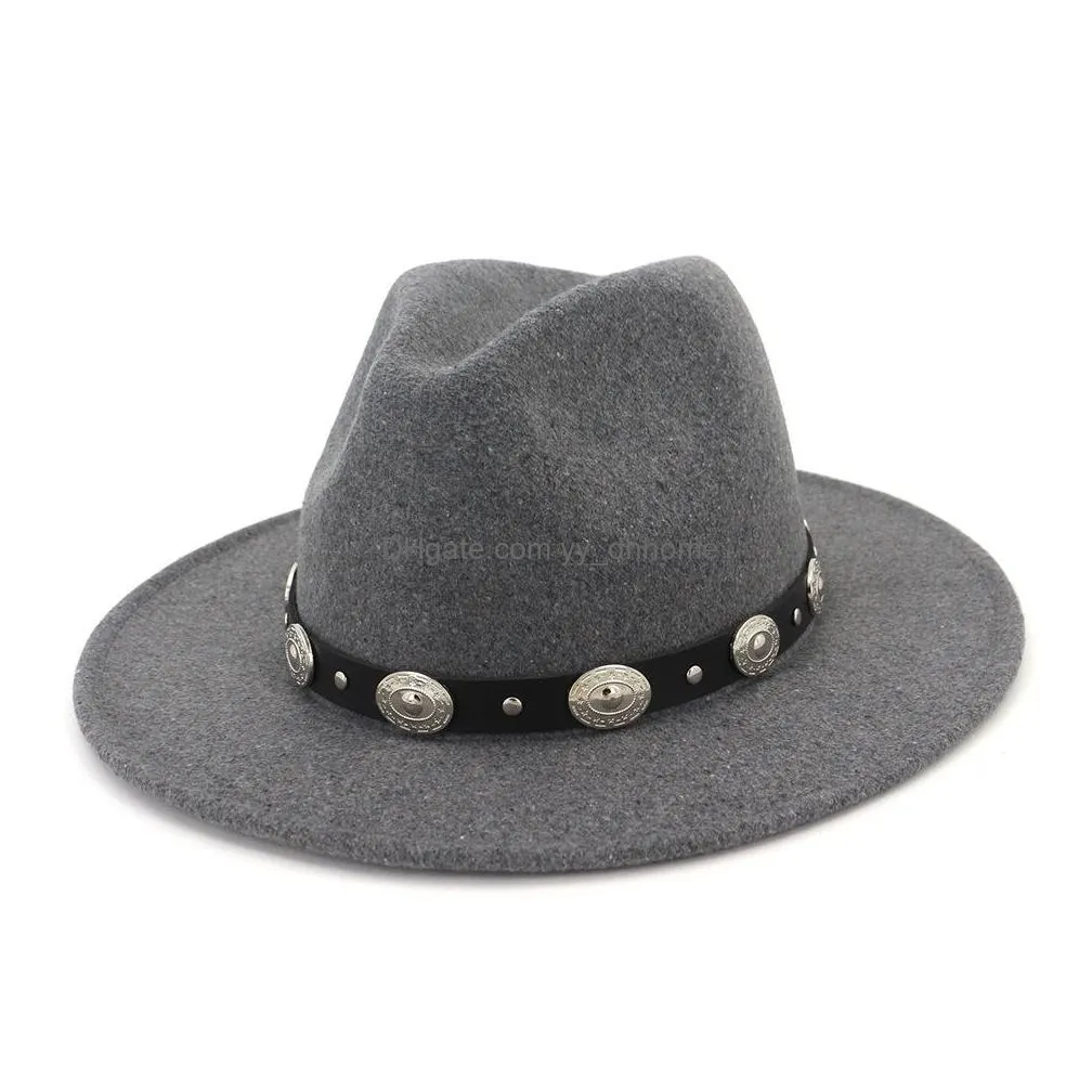 unisex wide brim wool jazz hat cap rivet belt decor panama trilby fedora hats men women lovers party carnival formal hat