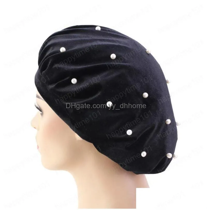 women muslim cancer chemo turban elastic wide band bonnet hat night sleep cap cover hair loss head velvet beads caps 