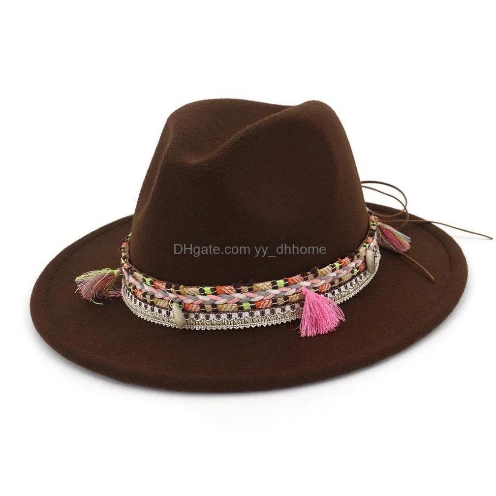 fashion unisex wide brim wool felt fedora hats with ethnic braided ribbon jazz cap retro panama style formal hat trilby