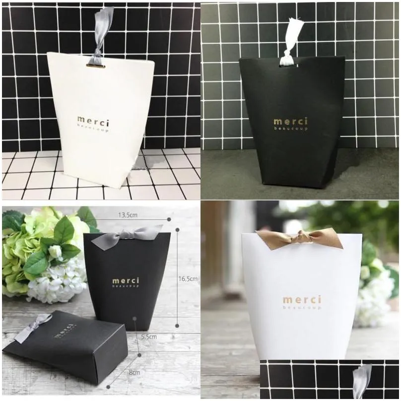 50pcs upscale black white bronzing merci candy bag french thank you wedding favors gift box package birthday party favor bags 407 n2