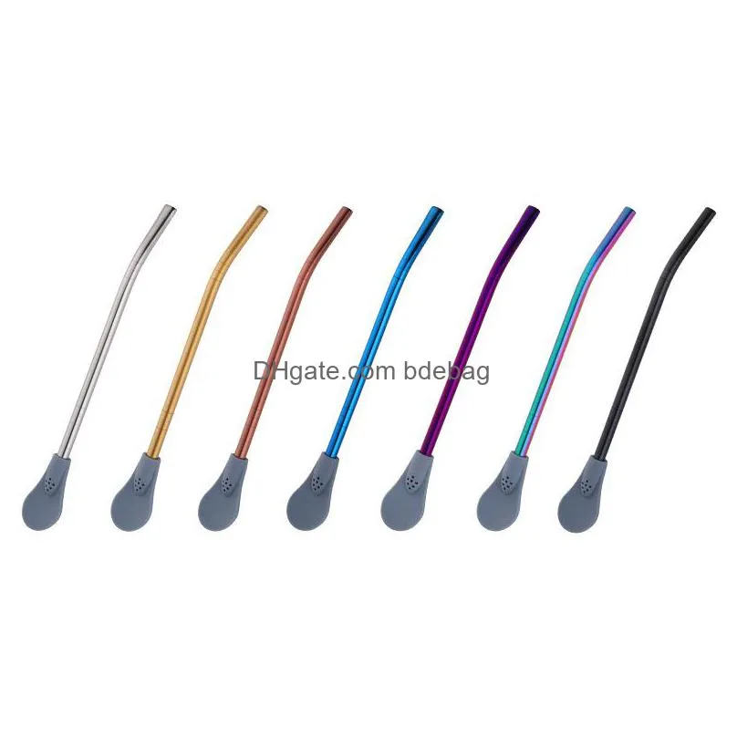 stainless steel silicone straw spoon flower tea filter straw spoons creative coffee mixing tool bar kitchen 7 colors inventory