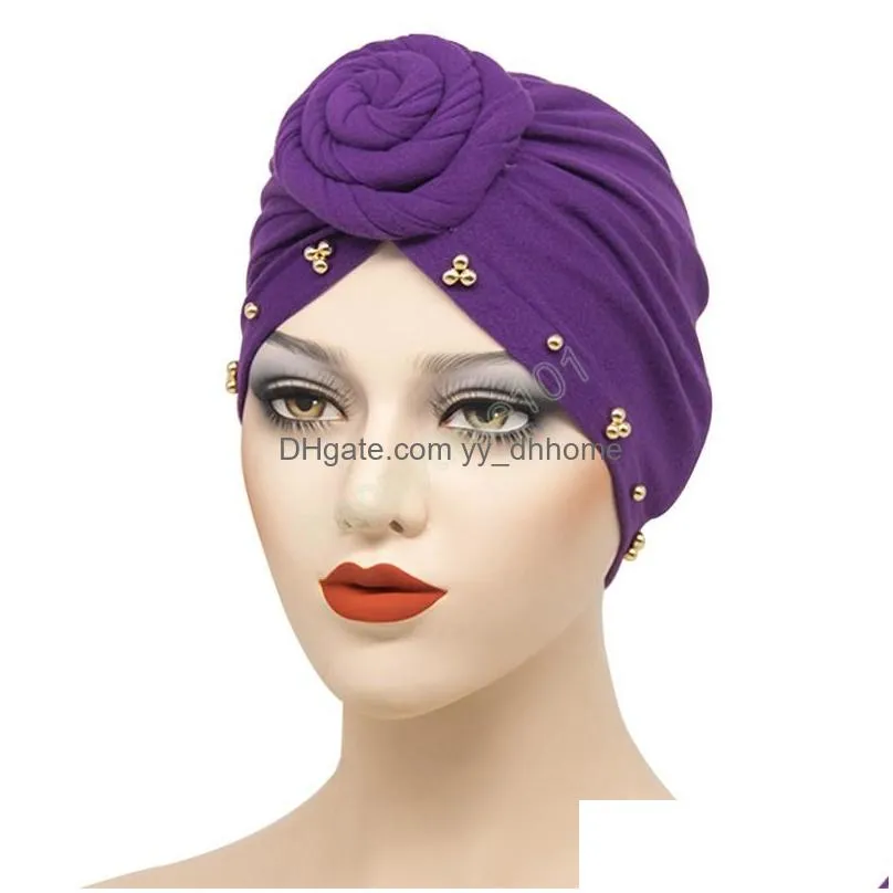 hijab knot scarf lady hat african solid color beaded headwraps hijabs national muslim women turban headband bandanas chemo cap