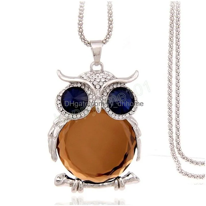 women crystal owl necklaces rose gold silver gray blue opal animal pendant long necklace fashion design popcorn sweater chain for girls retro party jewelry